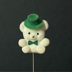 Classic Vintage Flocked Saint Patrick’s Day Flocked Bear Stick Pin, 1980s